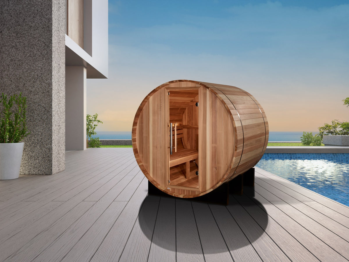 Golden Designs St. Moritz 2-Person Traditional Barrel Sauna beside a home