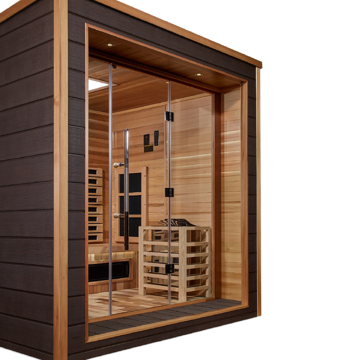 Golden Designs Visby 3-Person Hybrid Outdoor Sauna, glass front detail