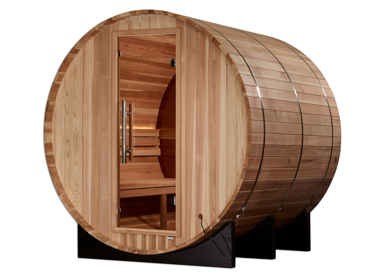 Golden Designs Zurich 4-Person Traditional Barrel Sauna with Bronze Privacy View, third front angle view