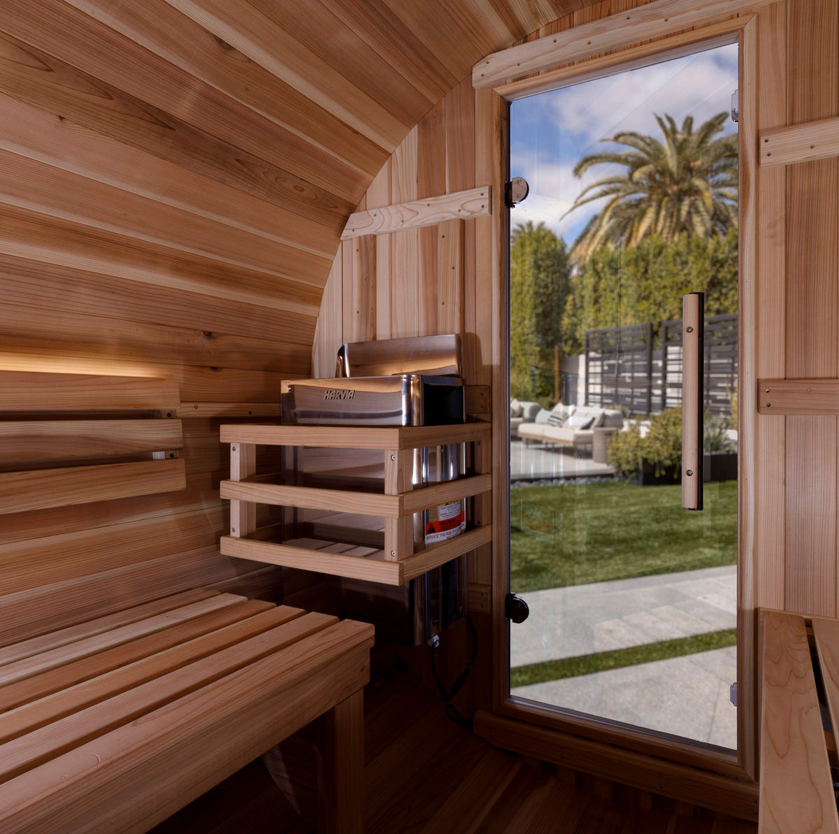 Golden Designs Zurich 4-Person Traditional Barrel Sauna with Bronze Privacy View, interior looking toward the door