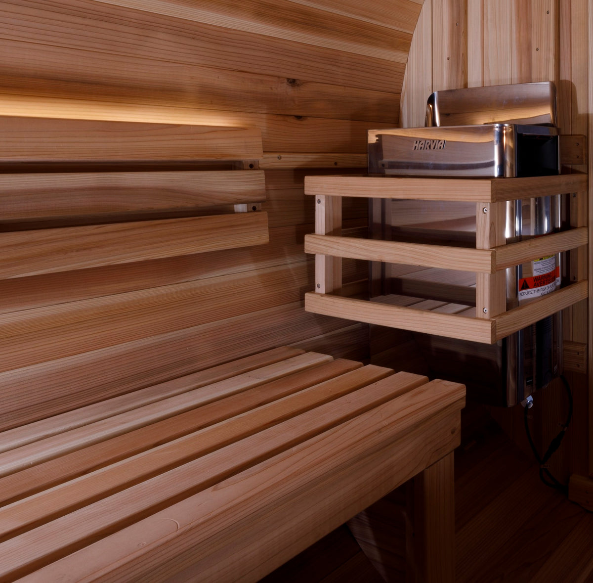Golden Designs Zurich 4-Person Traditional Barrel Sauna with Bronze Privacy View, interior with stove and bench