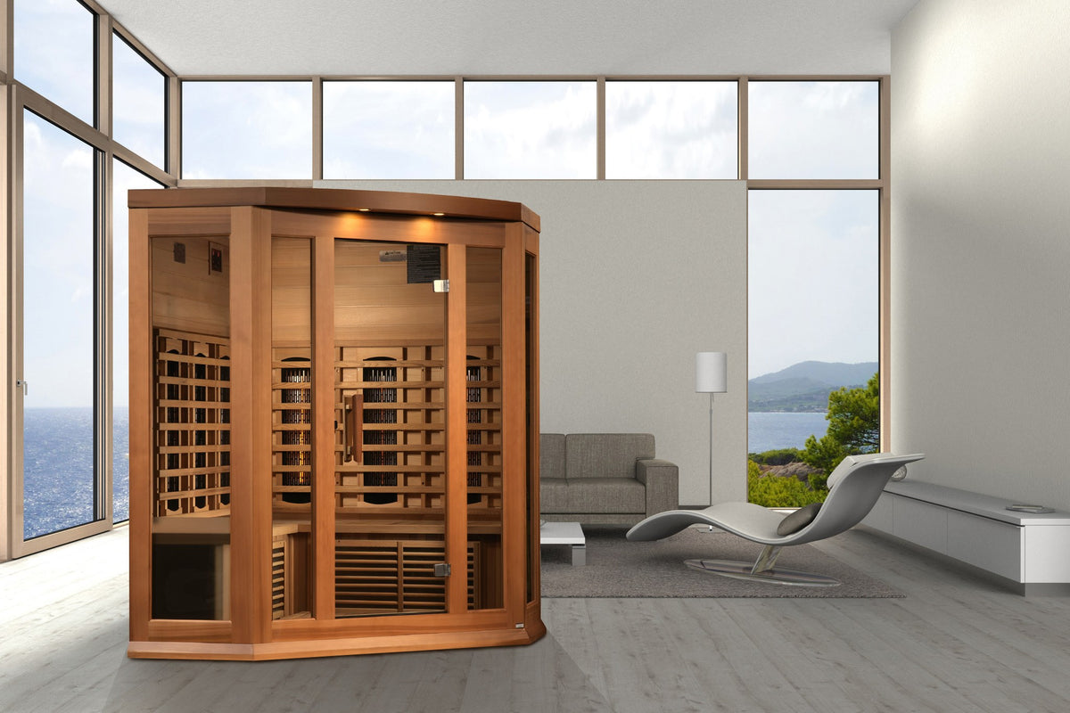 Maxxus 3-Person Corner Full Spectrum Near Zero EMF FAR Infrared Sauna in a home setting
