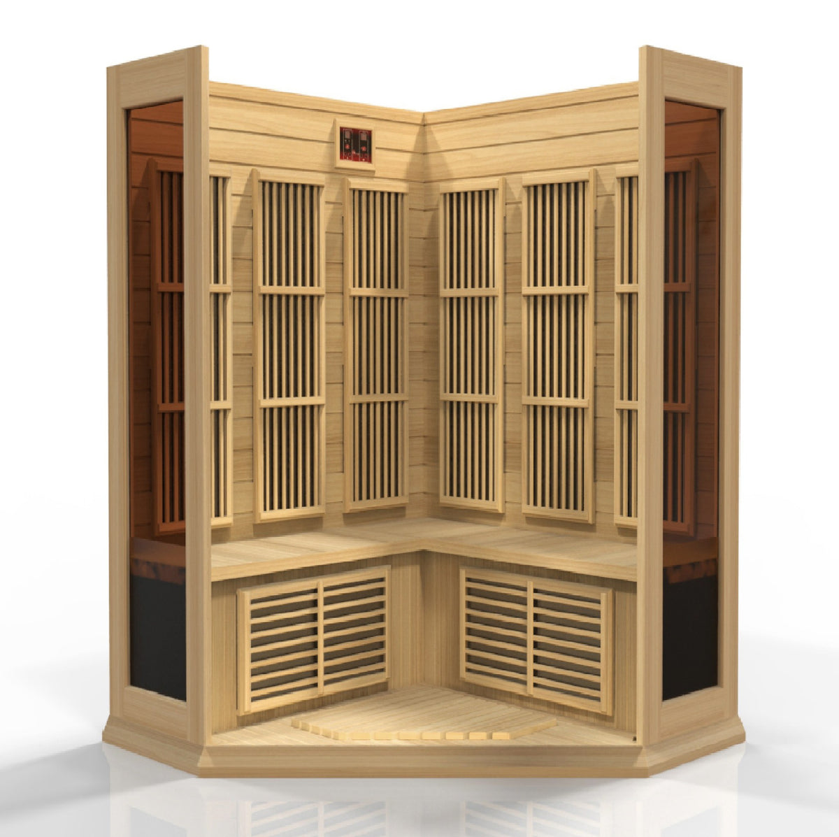 Maxxus 3-Person Corner Low EMF FAR Infrared Sauna, interior with heating panels