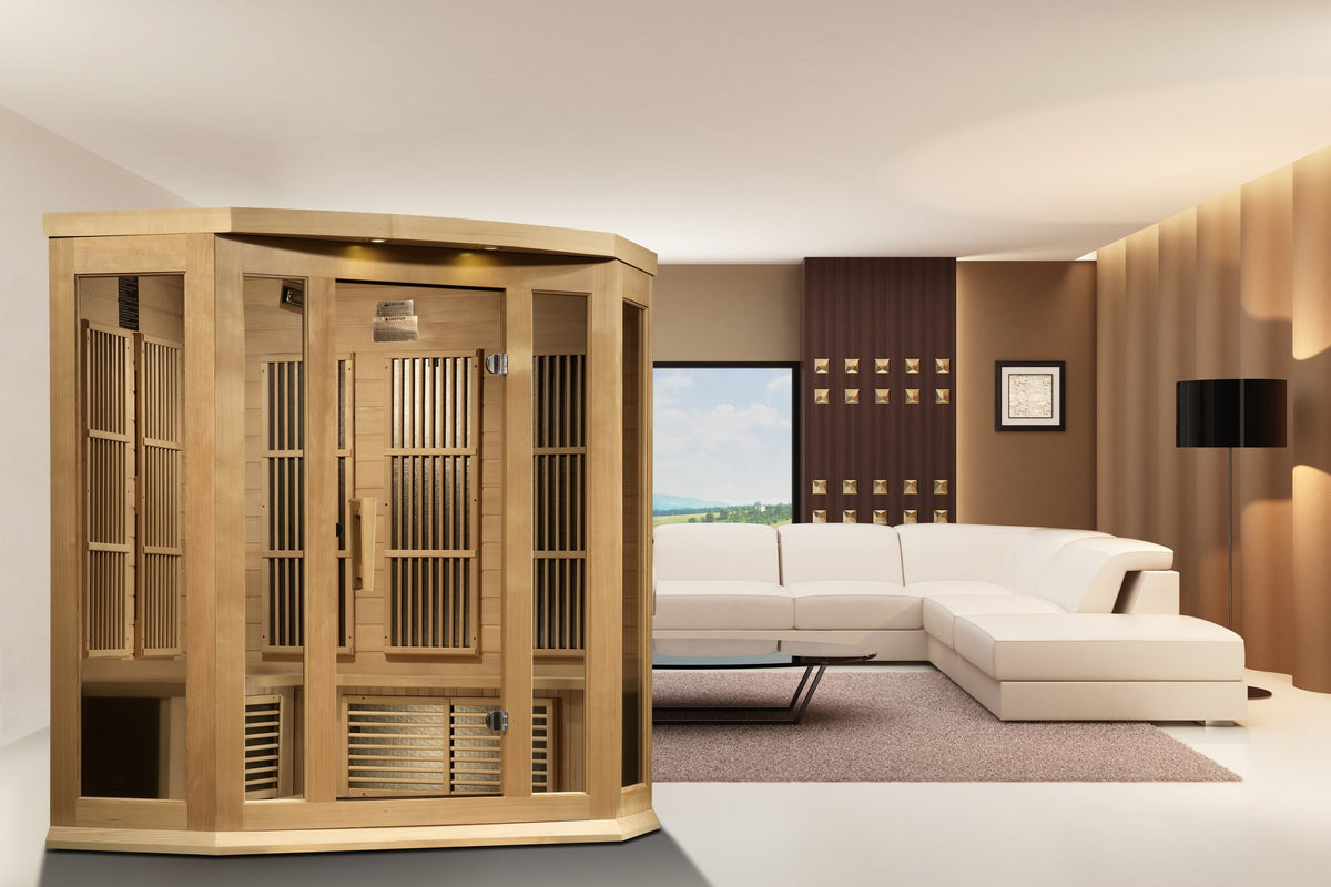 Maxxus 3-Person Corner Low EMF FAR Infrared Sauna in a home setting