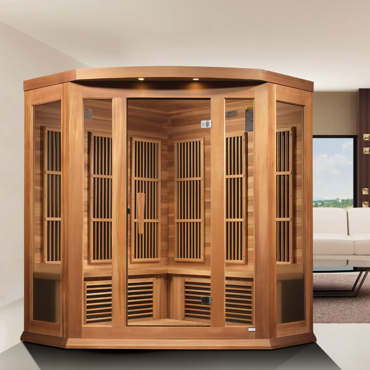 Maxxus 3-Person Corner Low EMF FAR Infrared Sauna in a living space