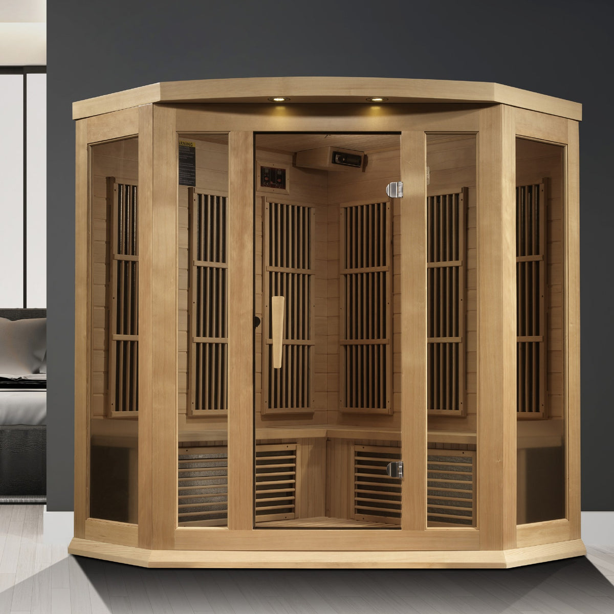 Maxxus 3-Person Corner Near Zero EMF FAR Infrared Sauna in a home setting