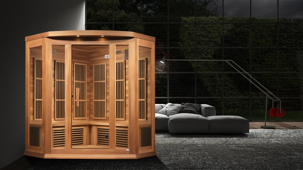 Maxxus 3-Person Corner Near Zero EMF FAR Infrared Sauna in a home setting