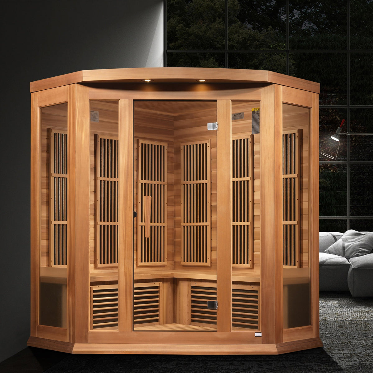Maxxus 3-Person Corner Near Zero EMF FAR Infrared Sauna in a living space