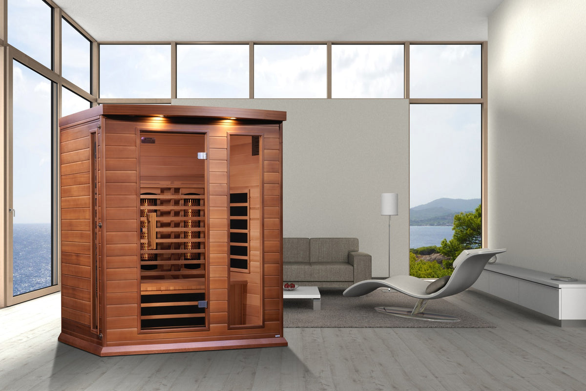 Maxxus 3-Person Full Spectrum Near Zero EMF FAR Infrared Sauna in a home setting