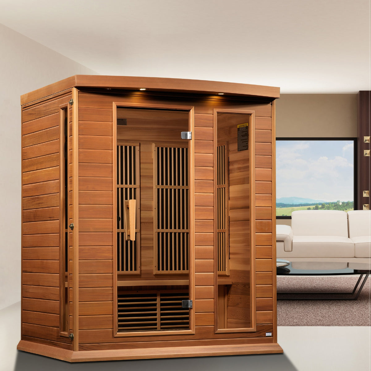 Maxxus 3-Person Low EMF FAR Infrared Sauna in a living space