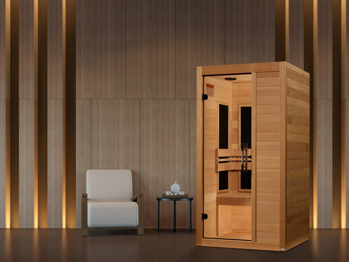 Maxxus S-Line Yoga 1-Person Ultra Low EMF FAR Infrared Sauna in a home setting