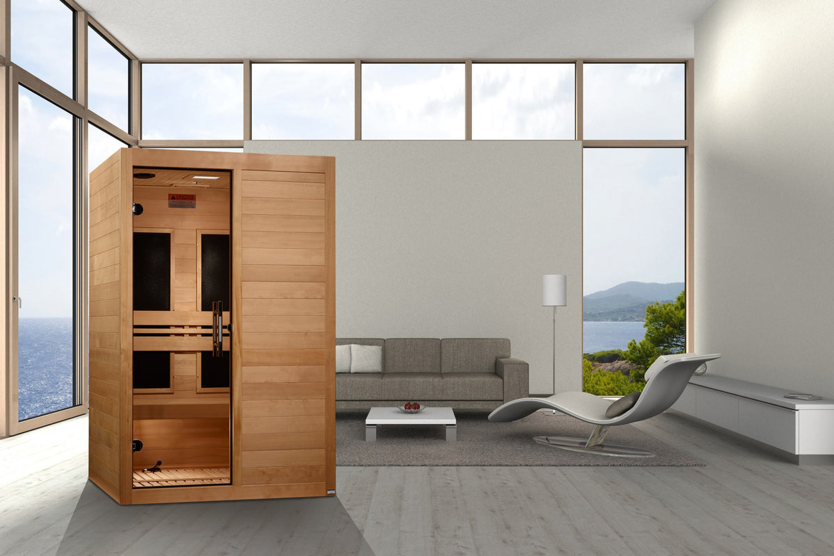 Maxxus S-Line Yoga 2-Person Low EMF FAR Infrared Sauna in a home setting