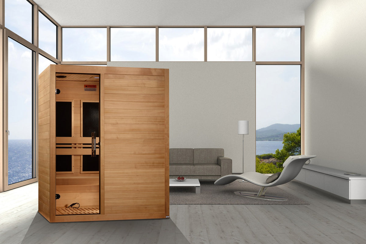 Maxxus S-Line Yoga 3-Person Ultra Low EMF FAR Infrared Sauna in a home setting