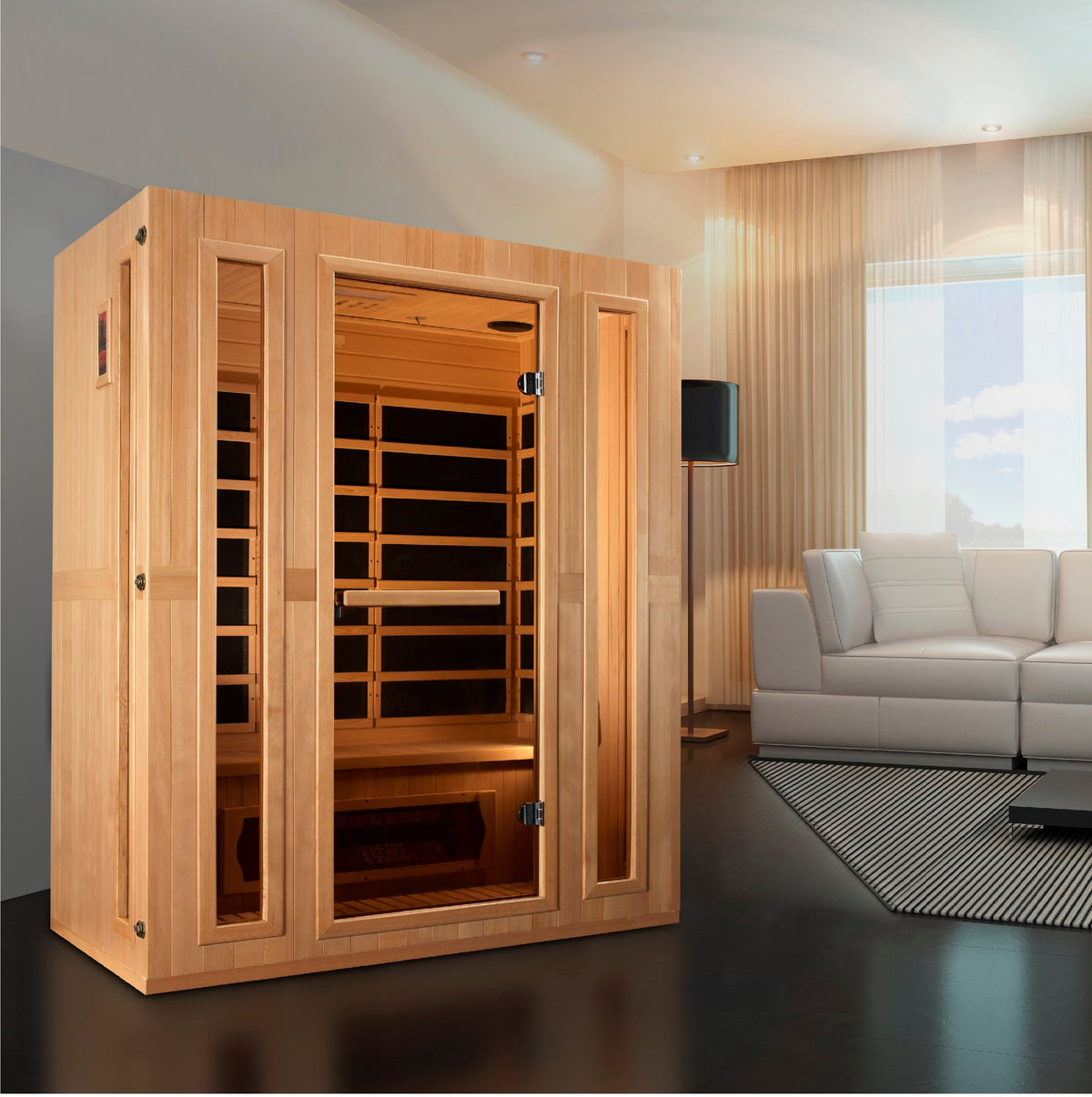 Maxxus Trinity 3-Person Low EMF FAR Infrared Sauna in a home setting