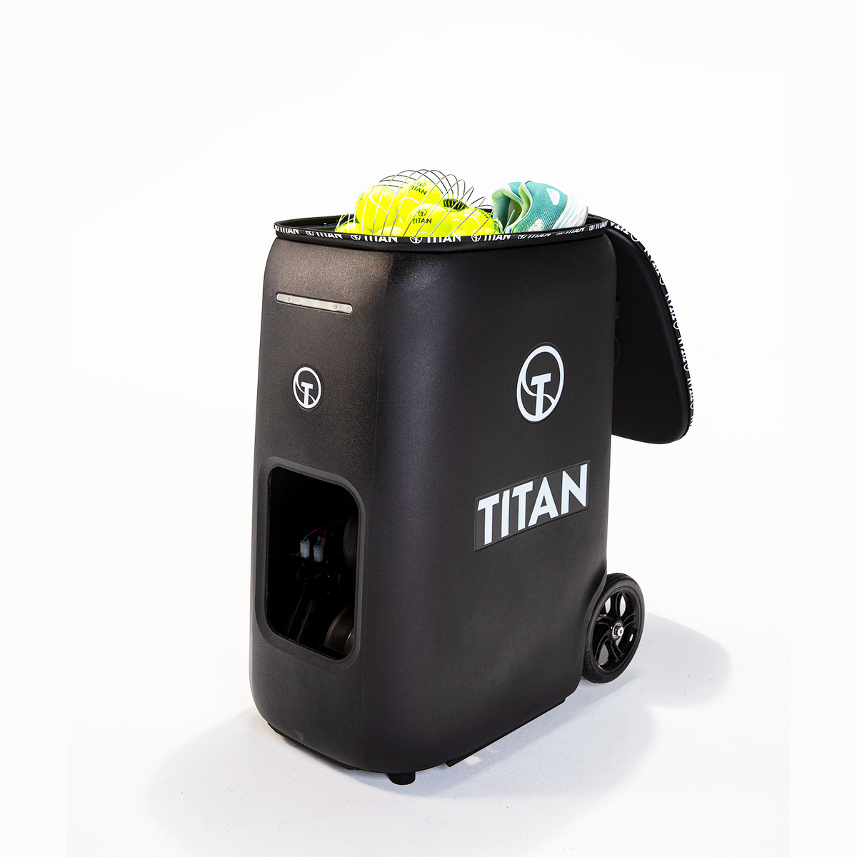 Titan ONE hopper open with tennis balls and kit inside