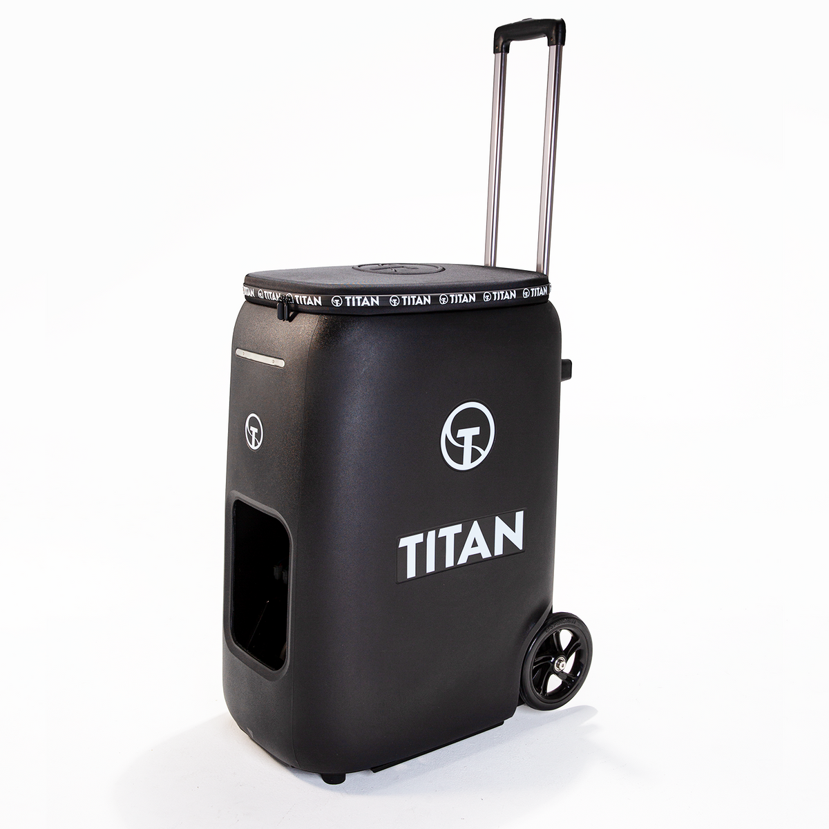 Titan ONE tennis ball machine with trolley handle extended