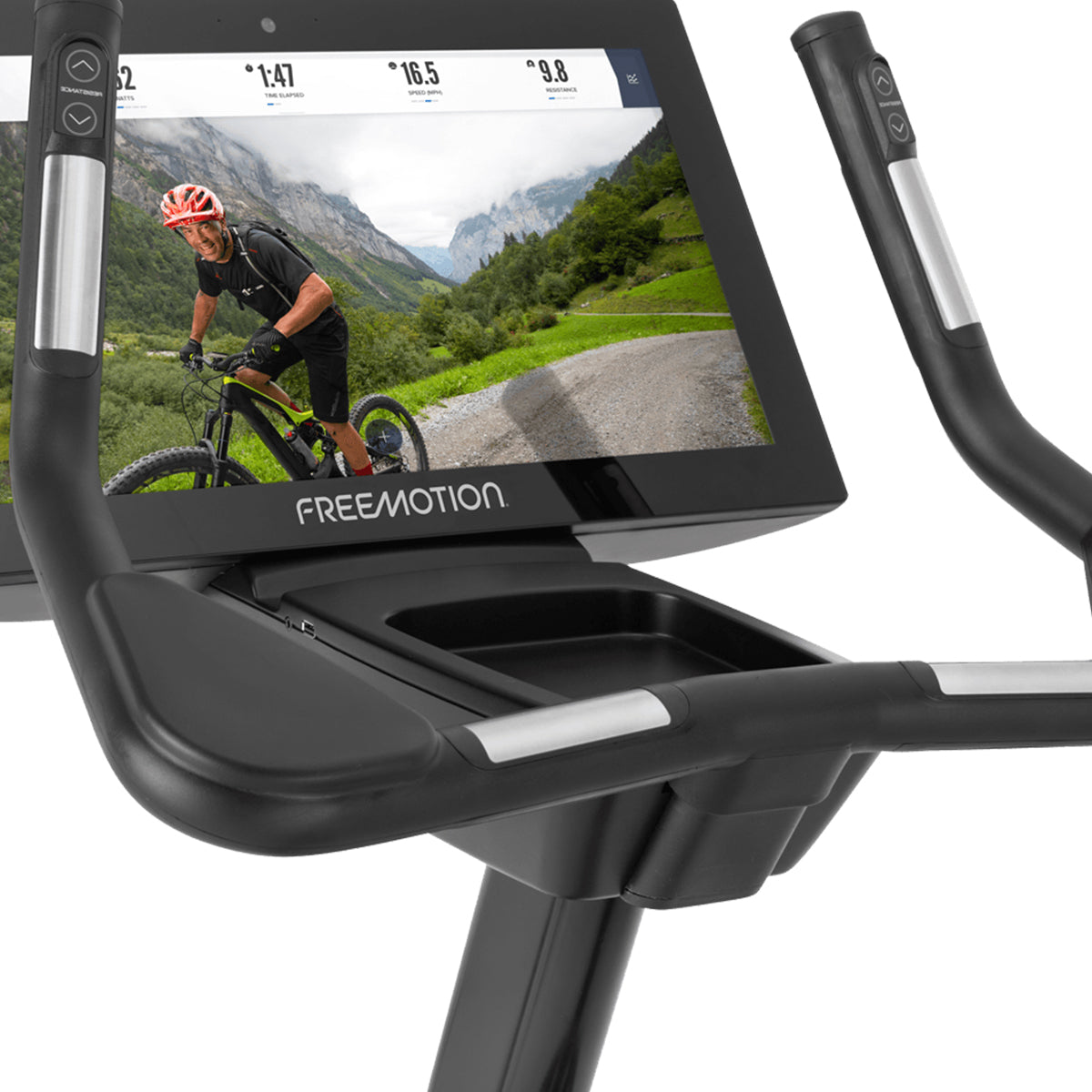 Touchscreen showing a scenic ride, with accessory tray