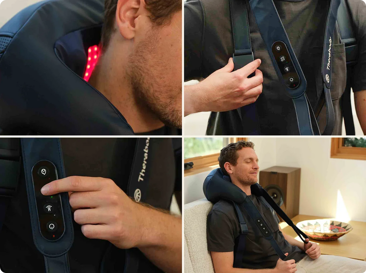 Wearing ThermNeck & Upper Back with the strap and hand loops