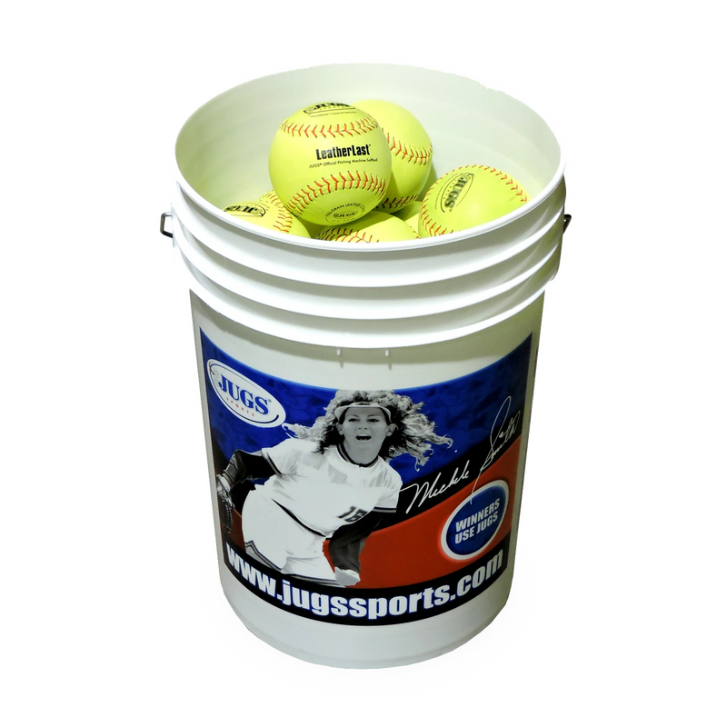 Bucket of JUGS LeatherLast™ Softballs, 2 Dozen with Michele Smith Bucket