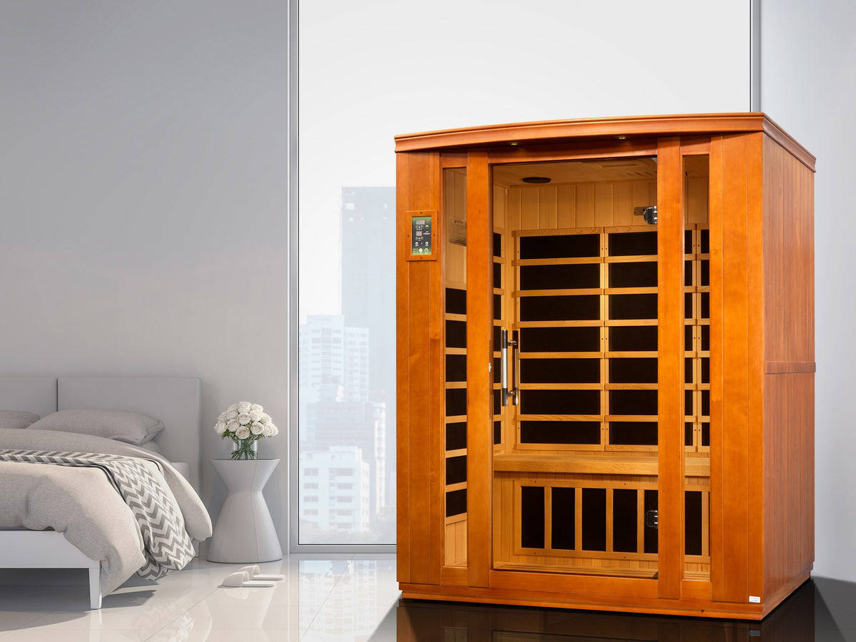 Dynamic Bellagio 3-Person Low EMF FAR Infrared Sauna in a home setting