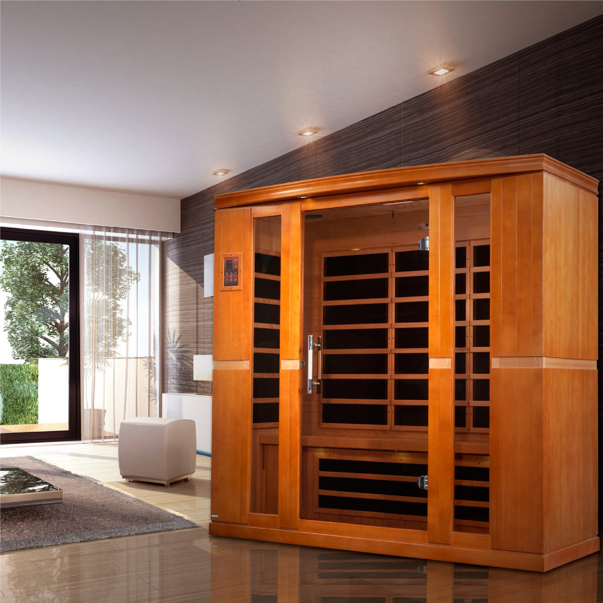 Dynamic Bergamo 4-Person Low EMF FAR Infrared Sauna in a home setting