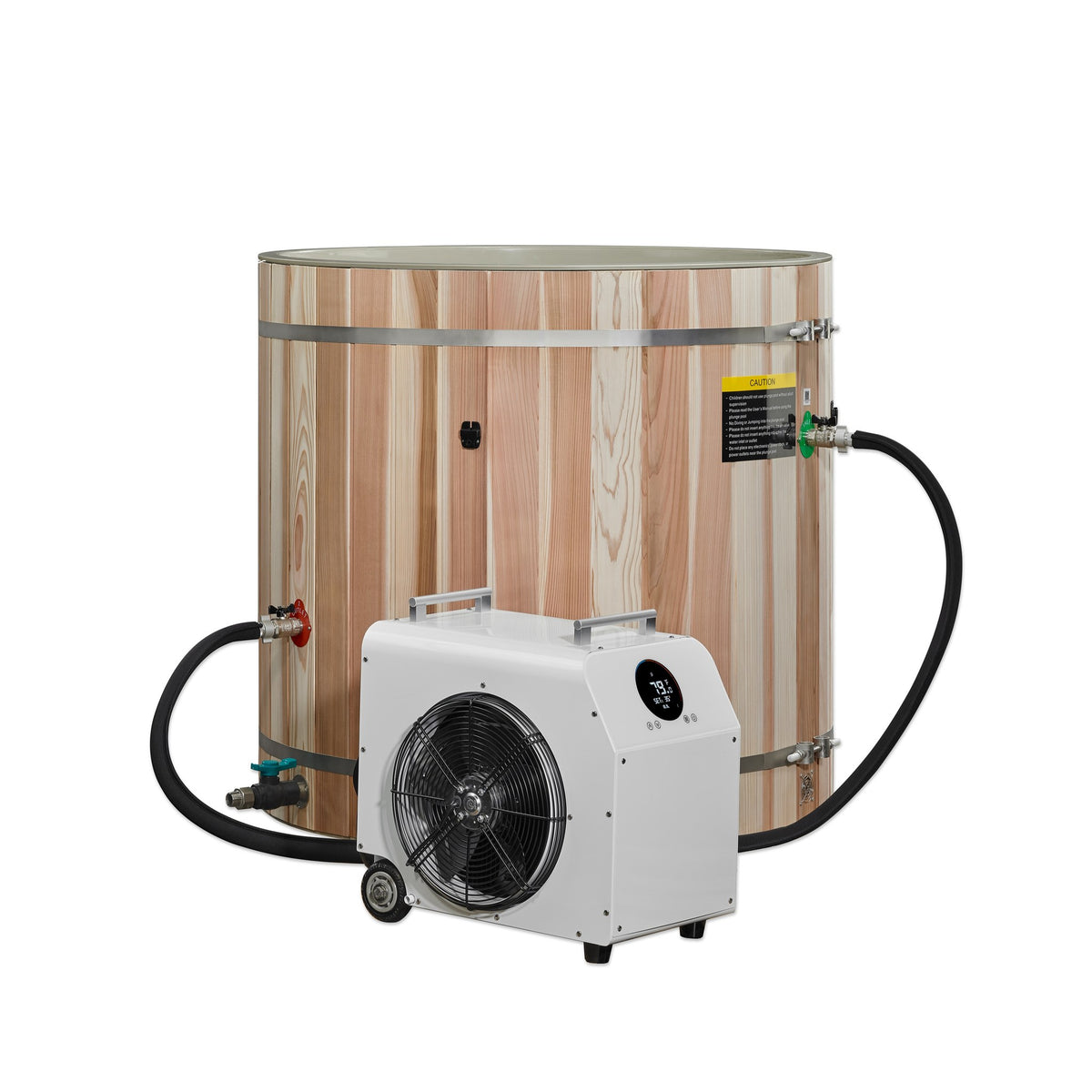 Dynamic Cold Therapy Barrel Cold Plunge Tub with PVC Interior, green interior, shown with an optional chiller, sold separately