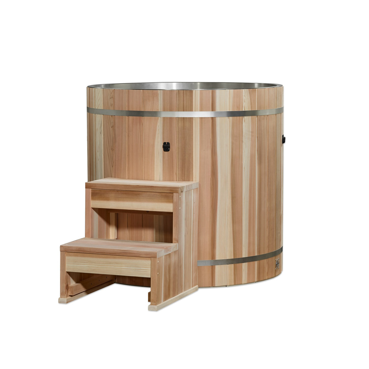 Dynamic Cold Therapy Barrel Cold Plunge Tub with 304 Stainless Steel Interior, with the cedar step