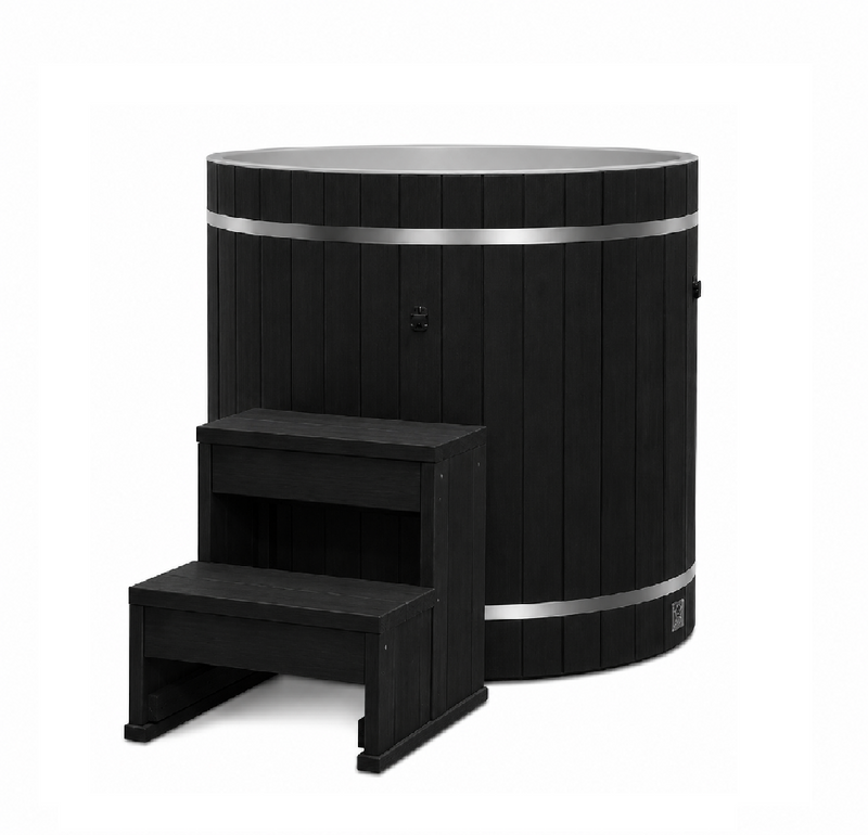 Dynamic Cold Therapy Barrel Cold Plunge Tub with PVC Interior (Black), with the step