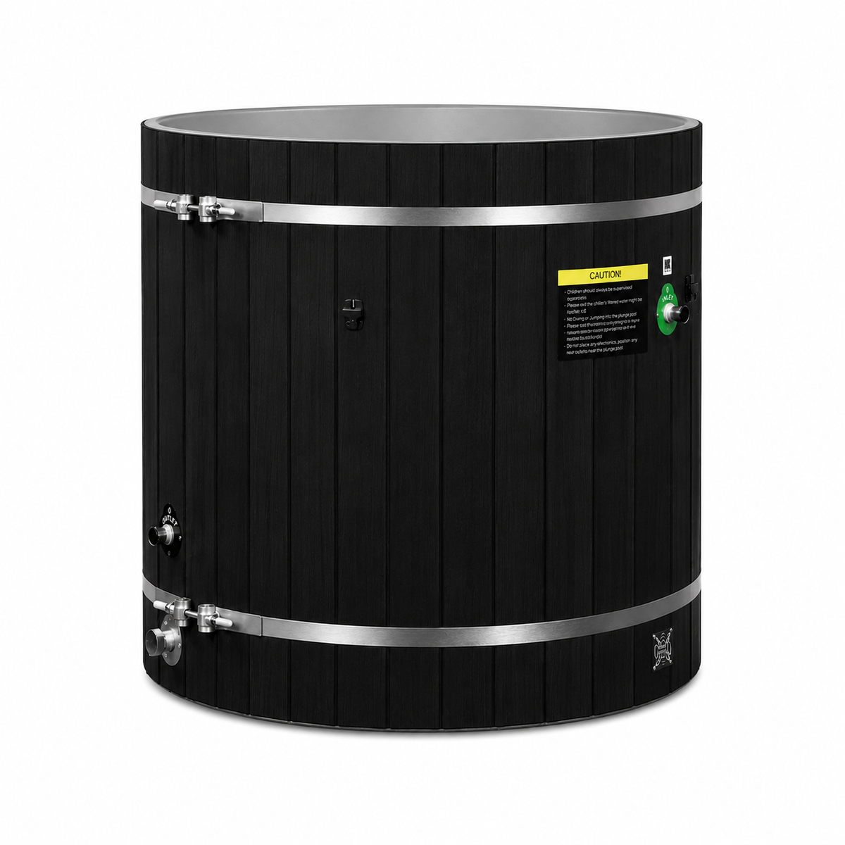 Dynamic Cold Therapy Barrel Cold Plunge Tub with PVC Interior (Black), front view with inlet, outlet and drain