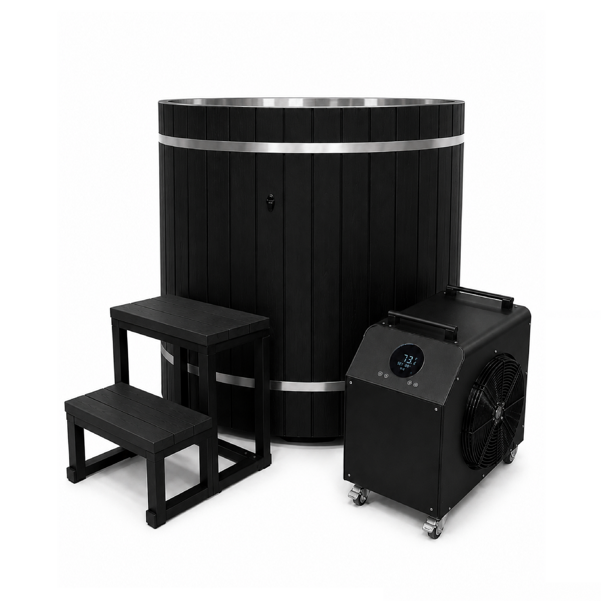 Dynamic Cold Therapy Barrel Cold Plunge Tub with 304 Stainless Steel Interior (Black), shown with an optional chiller, sold separately