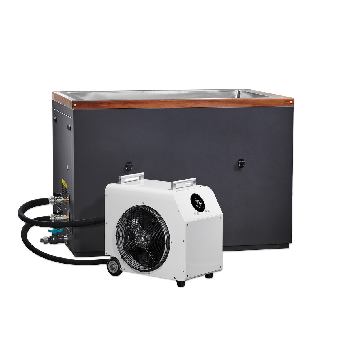 Dynamic Cold Therapy Cuboid XL Cold Plunge Tub with Stainless Steel Interior, shown with an optional chiller, sold separately