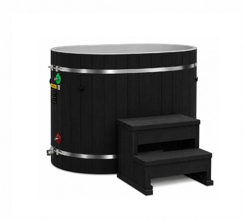 Dynamic Cold Therapy Oval Barrel Cold Plunge Tub with PVC Interior (Black), with the step