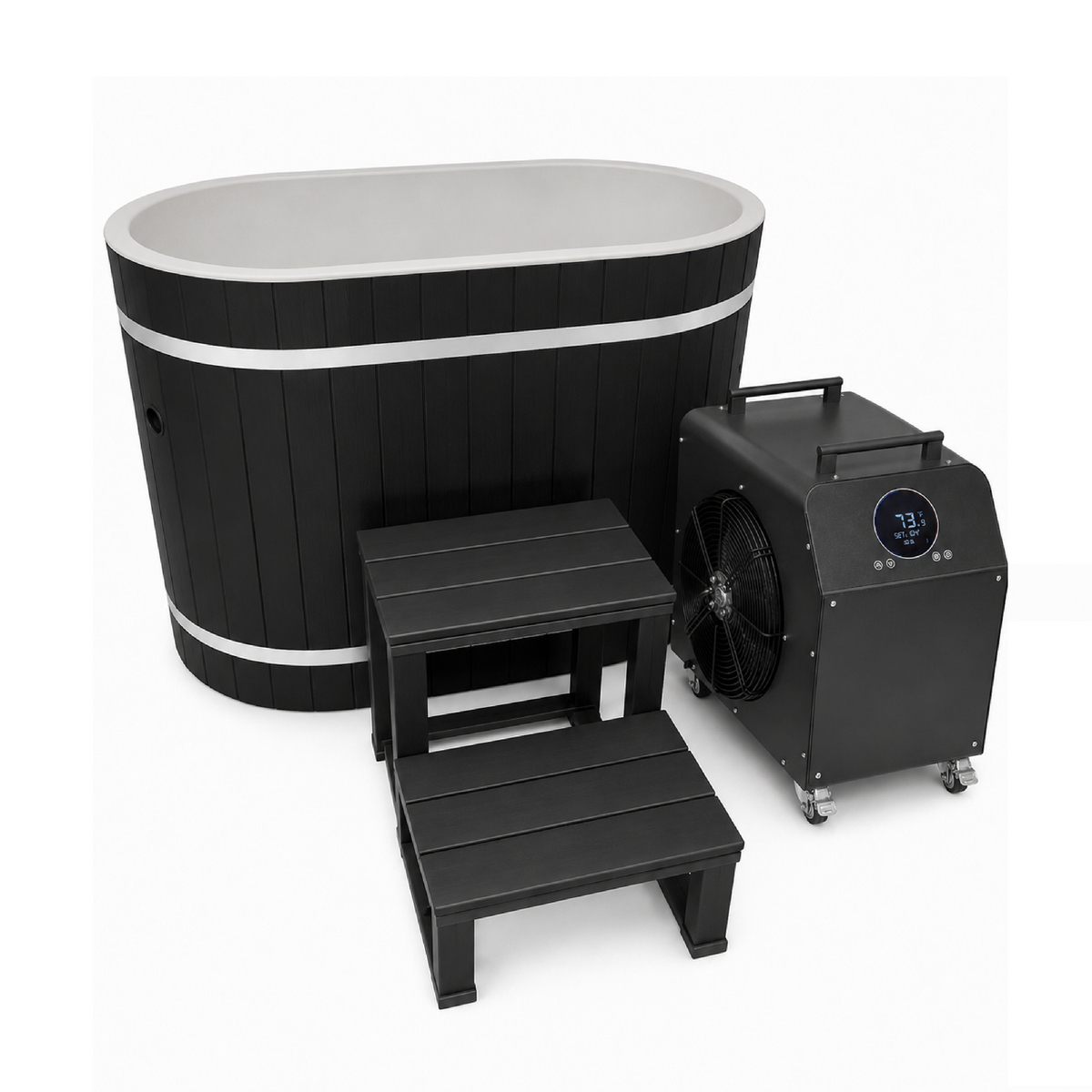 Dynamic Cold Therapy Oval Barrel Cold Plunge Tub with PVC Interior (Black), shown with an optional chiller, sold separately