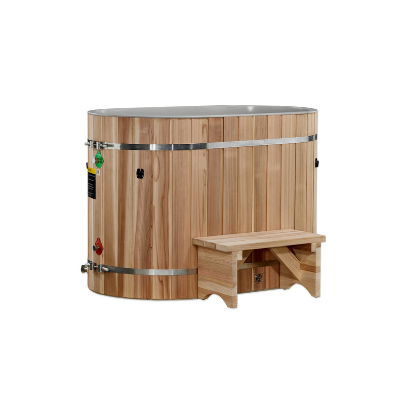 Dynamic Cold Therapy Oval Barrel Cold Plunge Tub with PVC Interior, grey interior, with the cedar step