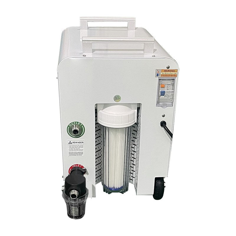 Dynamic Cold Therapy Premier Edition Cold Plunge Chiller, rear view with filter and strainer