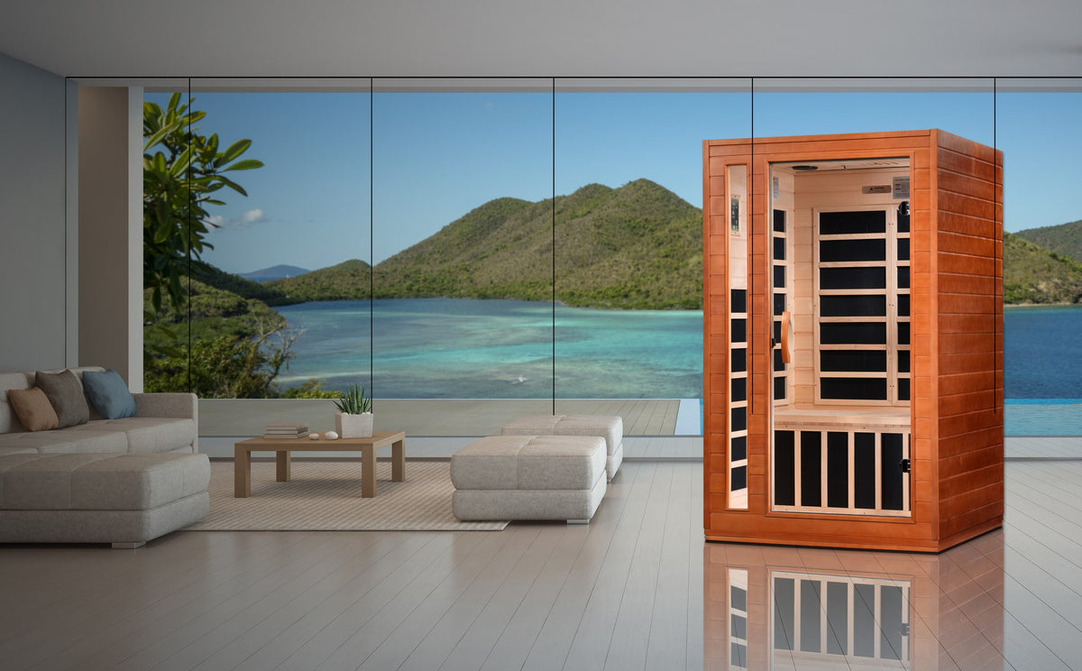 Dynamic Cordoba 2-Person Low EMF FAR Infrared Sauna in a home setting