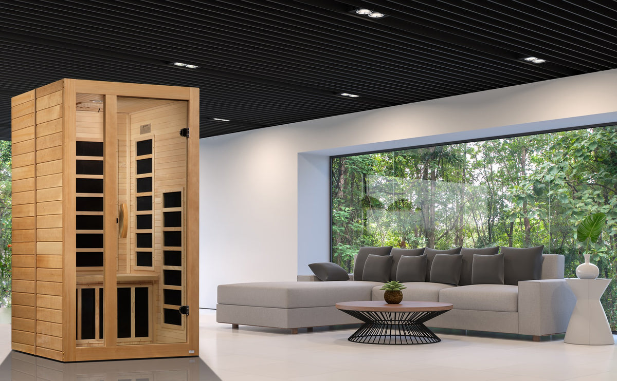 Dynamic Gracia 1-2-Person Low EMF FAR Infrared Sauna in a home setting