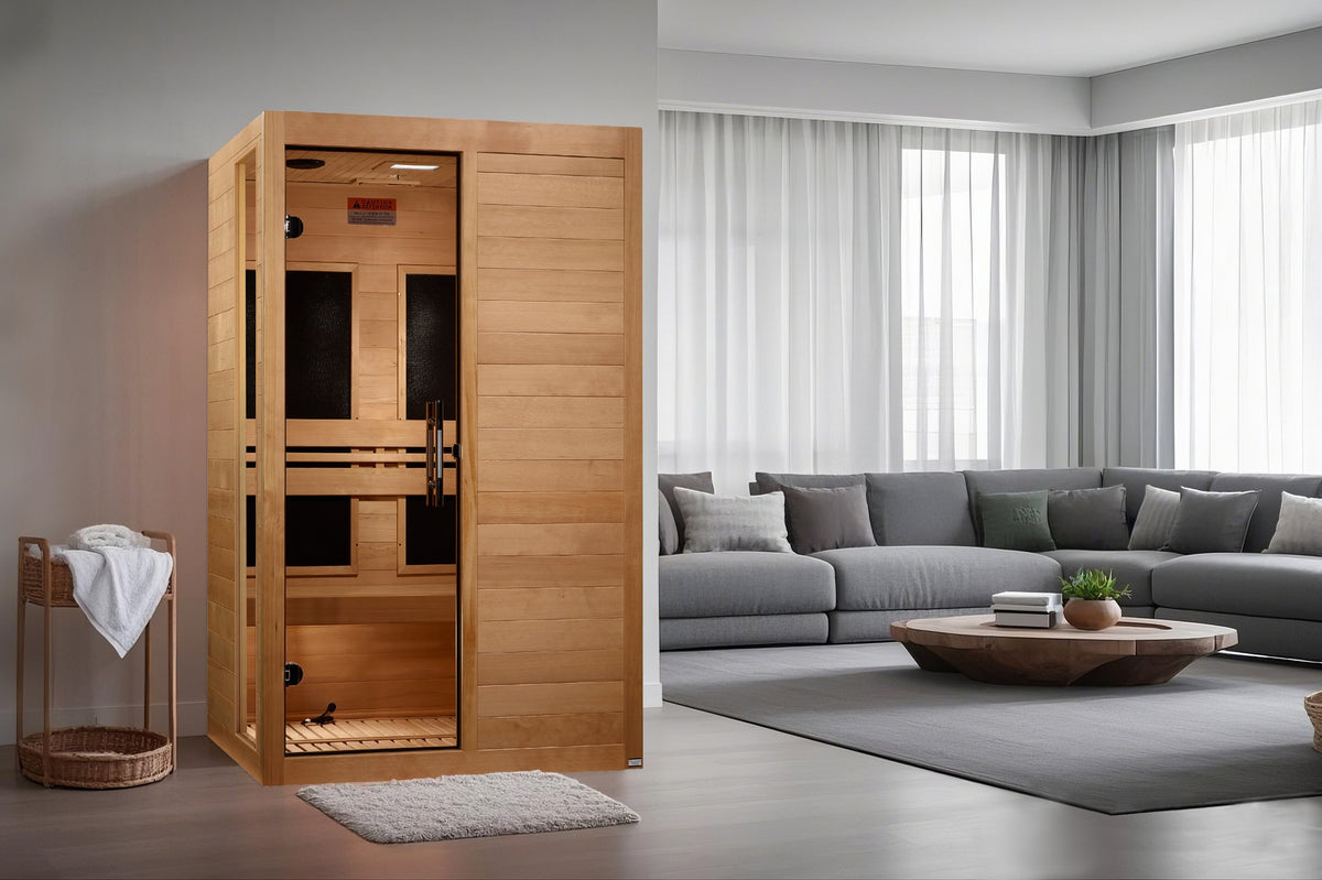 Dynamic Lucca Elite 2-Person Ultra Low EMF FAR Infrared Sauna in a home setting