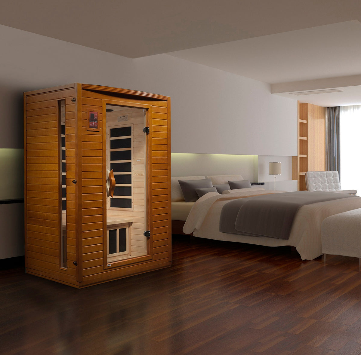 Dynamic Versailles 2-Person Low EMF FAR Infrared Sauna in a home setting