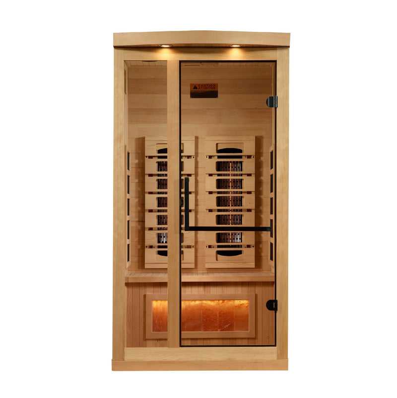 Golden Designs 1-2-Person Full Spectrum Near Zero EMF Infrared Sauna with Himalayan Salt Bar, front view