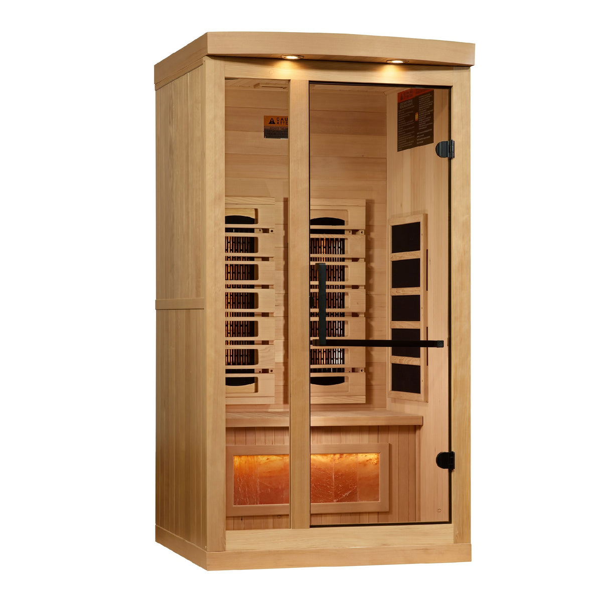 Golden Designs 1-2-Person Full Spectrum Near Zero EMF Infrared Sauna with Himalayan Salt Bar, side angle view