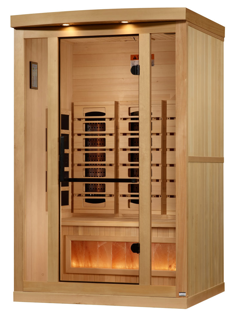 Golden Designs 2-Person Full Spectrum Near Zero EMF Infrared Sauna with Himalayan Salt Bar, front angle view