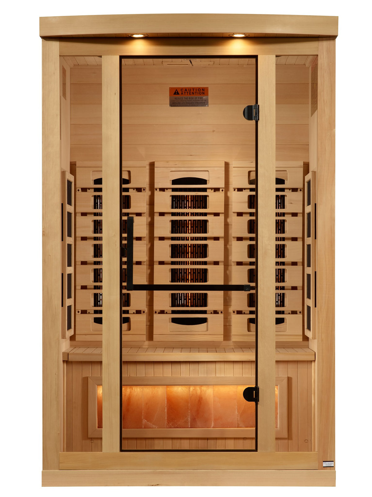 Golden Designs 2-Person Full Spectrum Near Zero EMF Infrared Sauna with Himalayan Salt Bar, front view