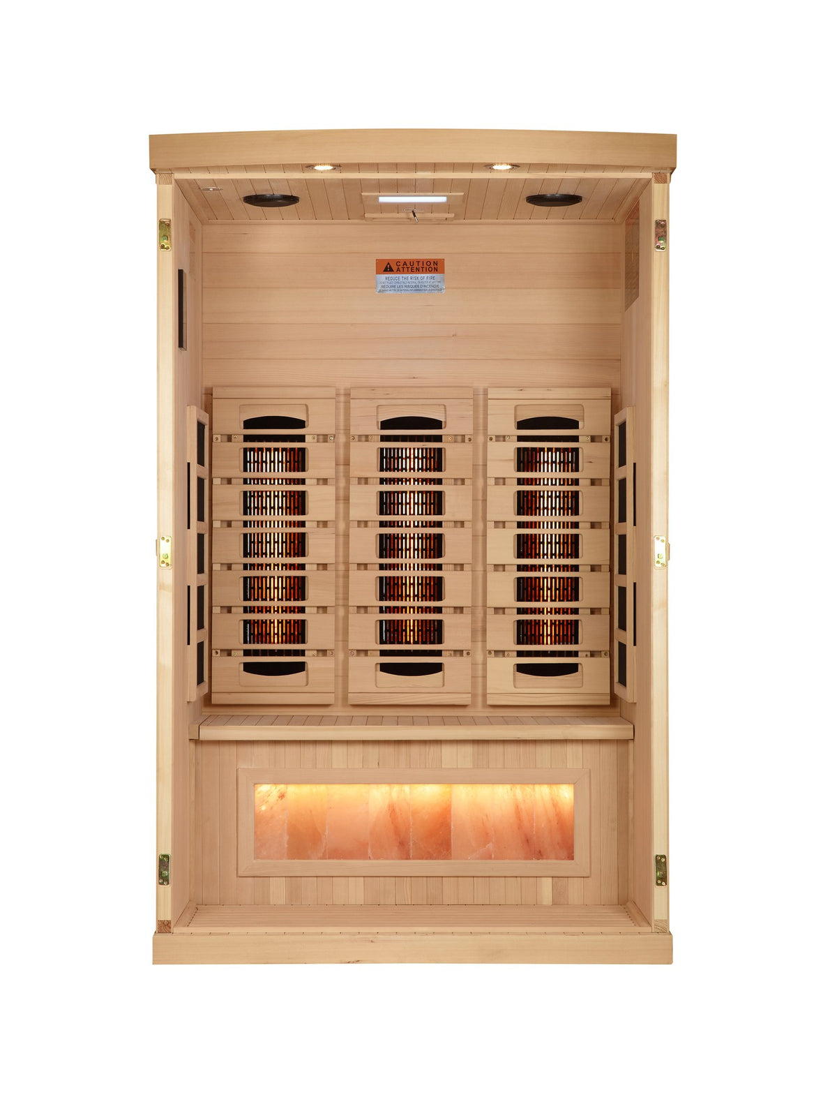 Golden Designs 2-Person Full Spectrum Sauna, interior with heaters and salt bar