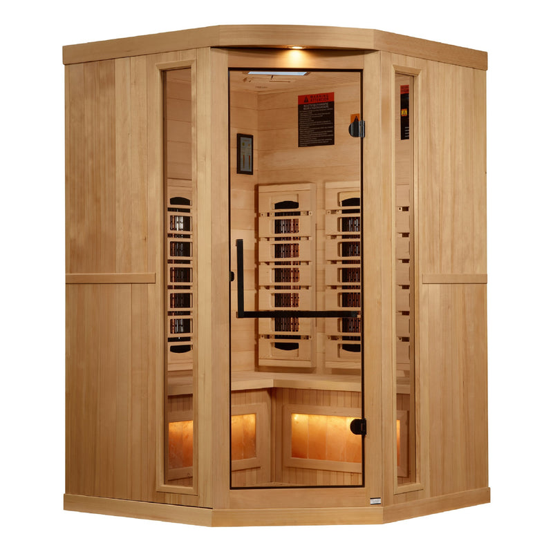 Golden Designs 3-Person Corner Full Spectrum Near Zero EMF Infrared Sauna with Himalayan Salt Bar, front view