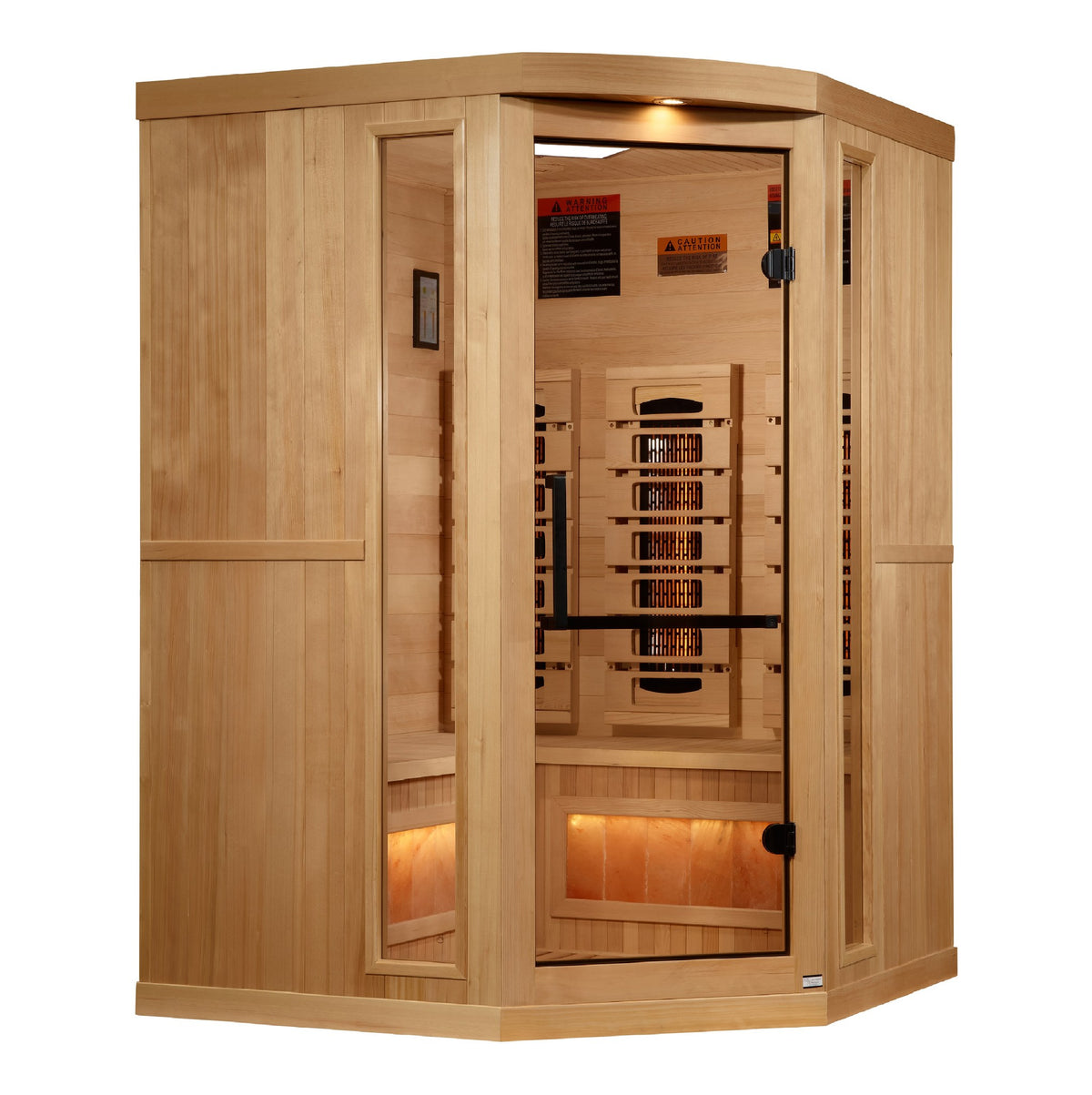 Golden Designs 3-Person Corner Full Spectrum Near Zero EMF Infrared Sauna with Himalayan Salt Bar, side angle view