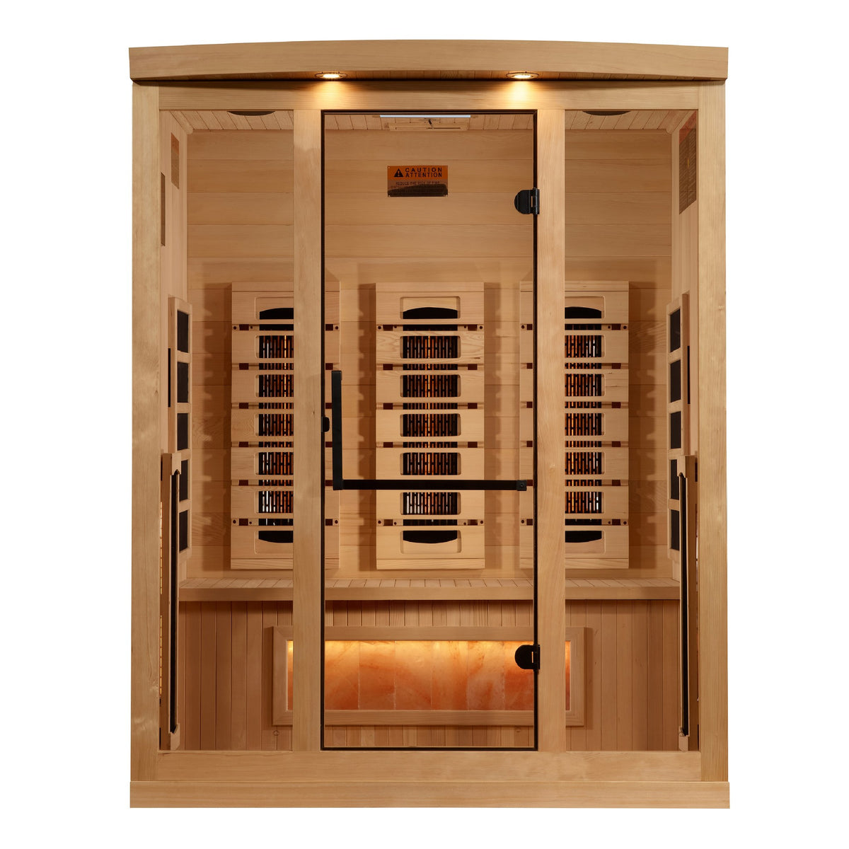 Golden Designs 3-Person Full Spectrum Near Zero EMF Infrared Sauna with Himalayan Salt Bar, front view