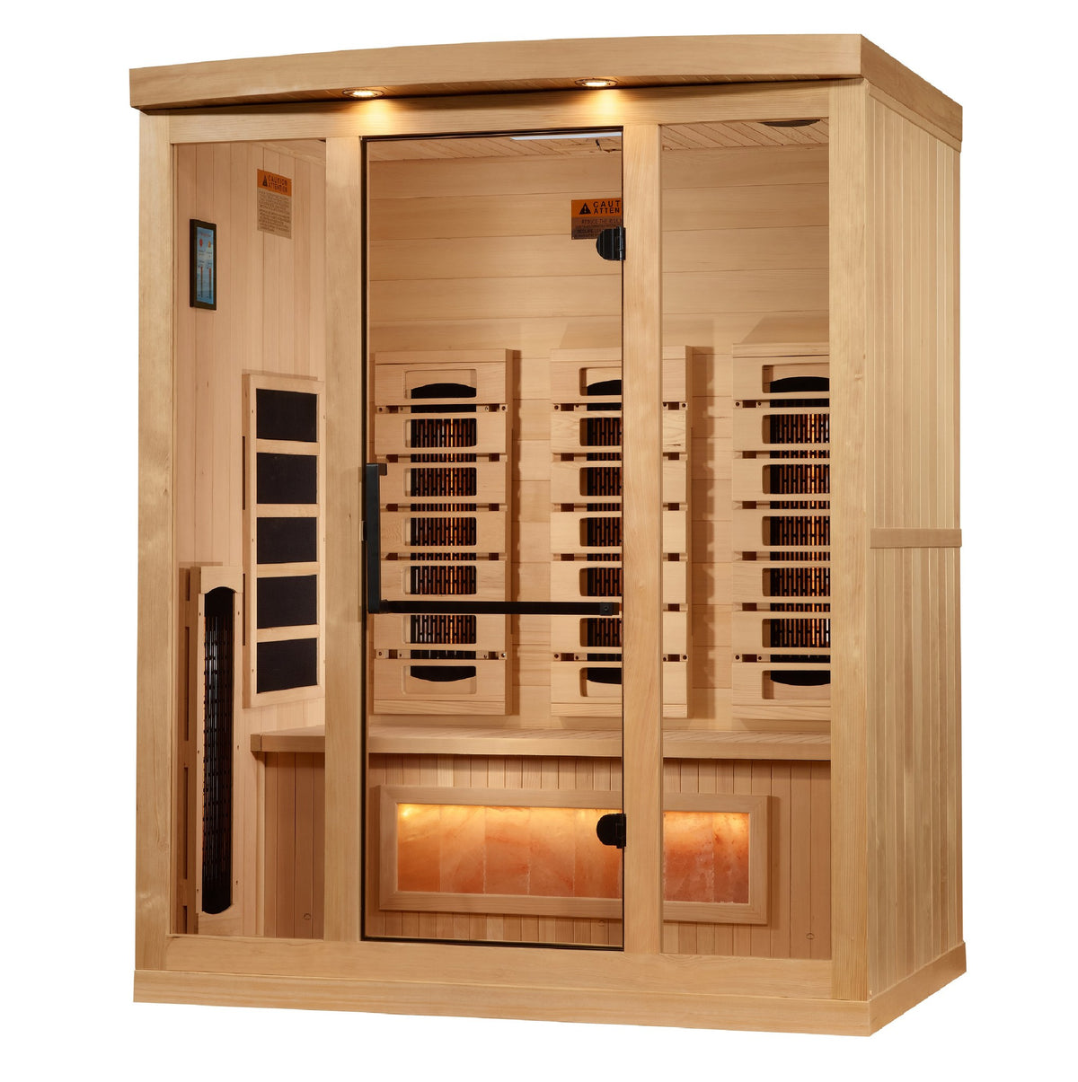 Golden Designs 3-Person Full Spectrum Near Zero EMF Infrared Sauna with Himalayan Salt Bar, front angle view