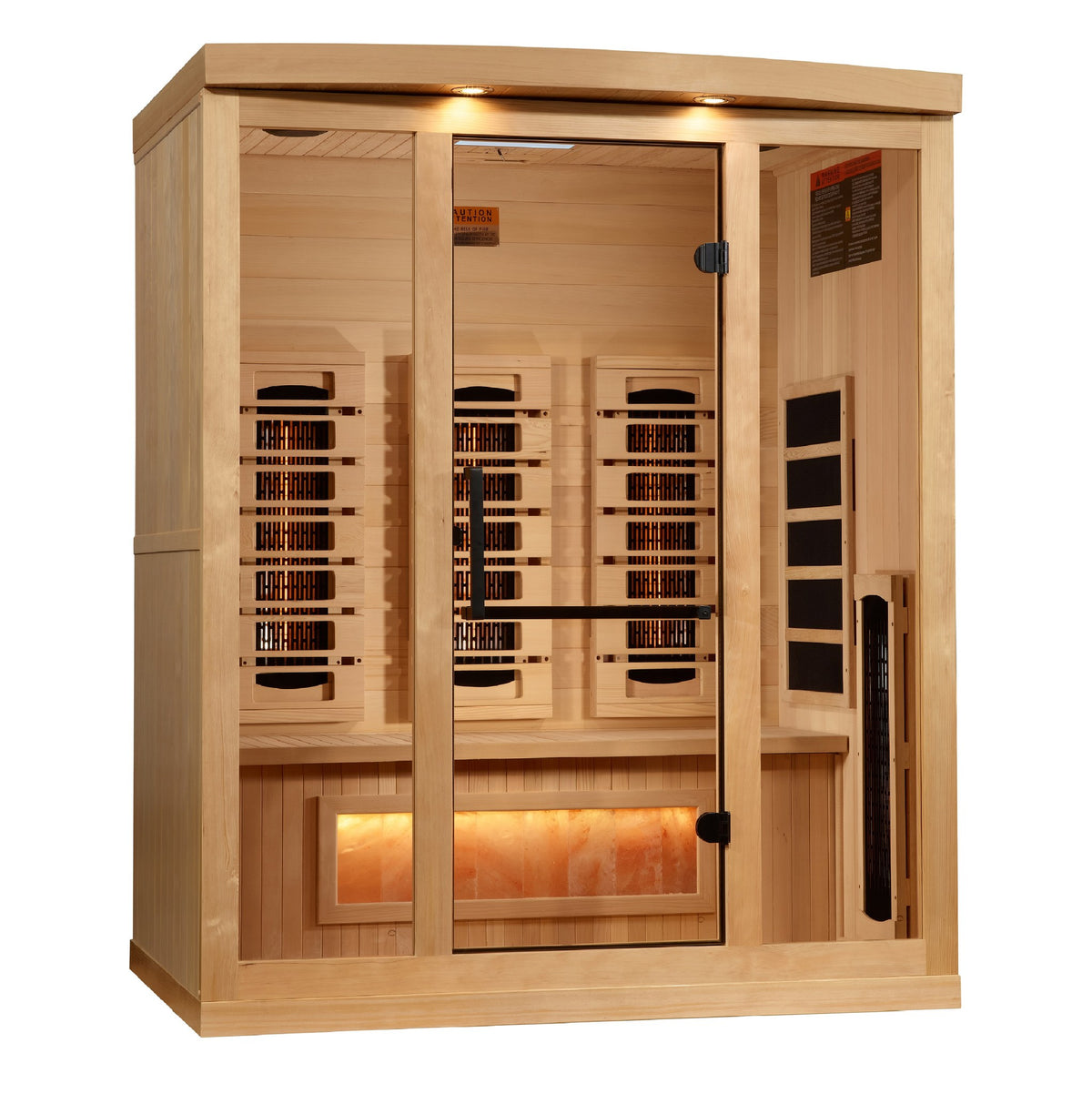 Golden Designs 3-Person Full Spectrum Near Zero EMF Infrared Sauna with Himalayan Salt Bar, side angle view