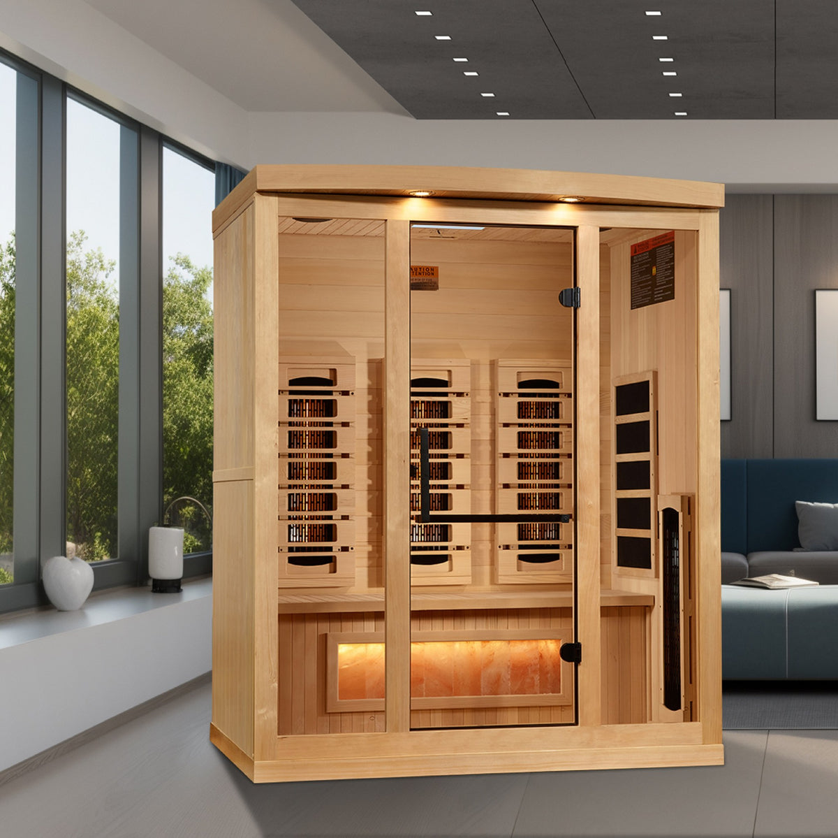 Golden Designs 3-Person Full Spectrum Near Zero EMF Infrared Sauna with Himalayan Salt Bar in a home setting